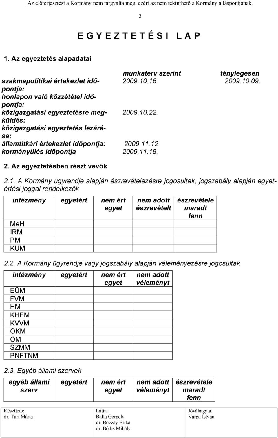 észrevételezésre jogosultak, jogszabály alapján egyetértési joggal rendelkezők intézmény egyetért nem ért egyet MeH IRM PM KÜM nem adott észrevételt észrevétele maradt fenn 2.