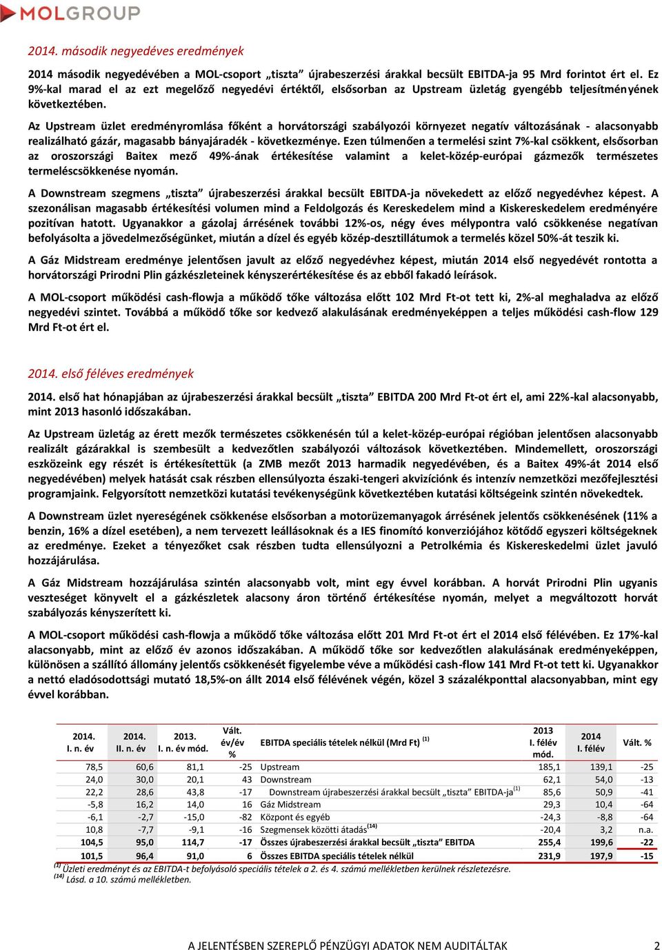 Az Upstream üzlet eredményromlása főként a horvátországi szabályozói környezet negatív változásának - alacsonyabb realizálható gázár, magasabb bányajáradék - következménye.