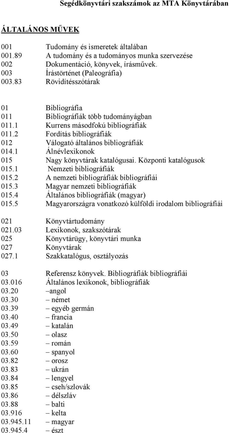 2 Fordítás bibliográfiák 012 Válogató általános bibliográfiák 014.1 Álnévlexikonok 015 Nagy könyvtárak katalógusai. Központi katalógusok 015.1 Nemzeti bibliográfiák 015.