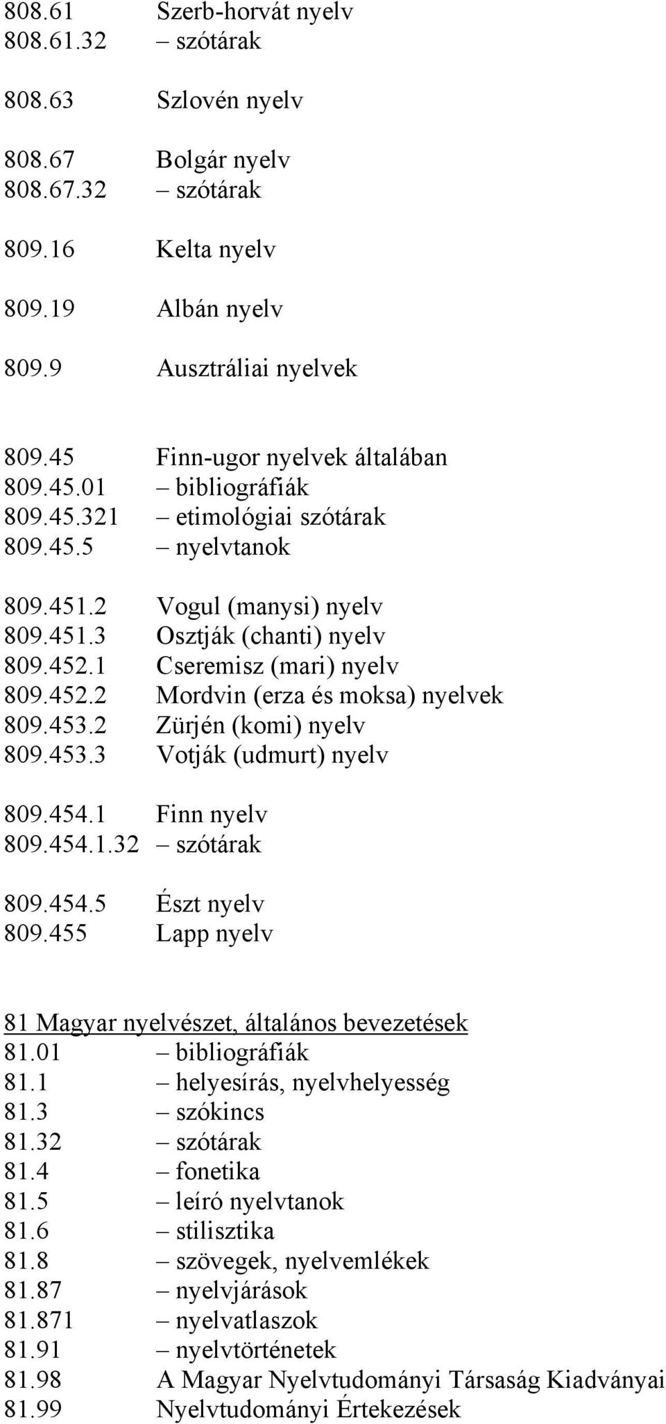 1 Cseremisz (mari) nyelv 809.452.2 Mordvin (erza és moksa) nyelvek 809.453.2 Zürjén (komi) nyelv 809.453.3 Votják (udmurt) nyelv 809.454.1 Finn nyelv 809.454.1.32 szótárak 809.454.5 Észt nyelv 809.