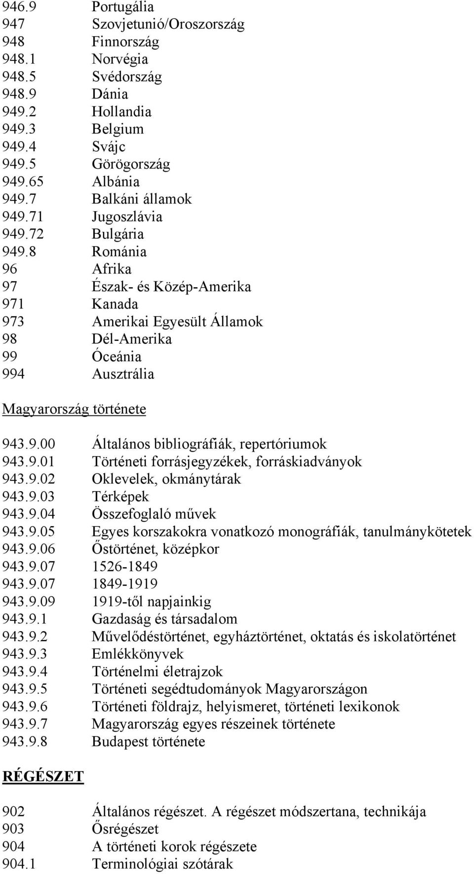 8 Románia 96 Afrika 97 Észak- és Közép-Amerika 971 Kanada 973 Amerikai Egyesült Államok 98 Dél-Amerika 99 Óceánia 994 Ausztrália Magyarország története 943.9.00 Általános bibliográfiák, repertóriumok 943.