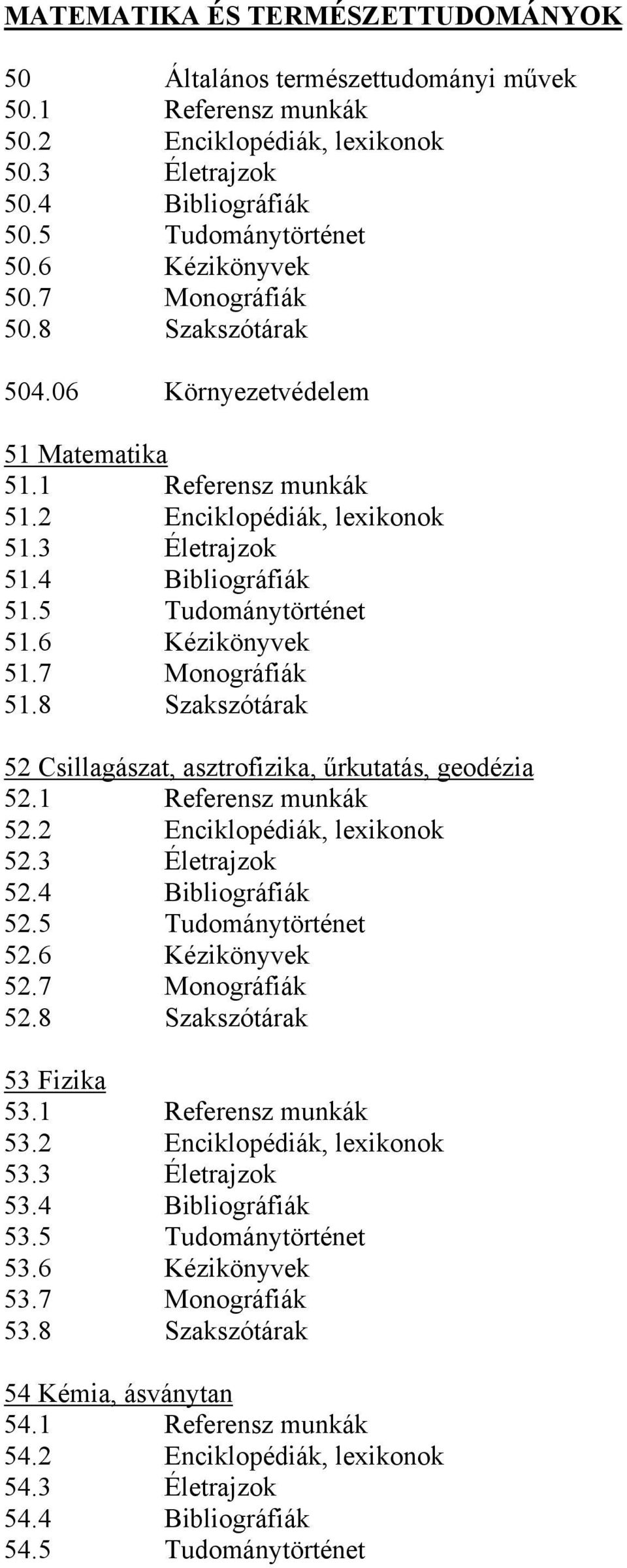 6 Kézikönyvek 51.7 Monográfiák 51.8 Szakszótárak 52 Csillagászat, asztrofizika, űrkutatás, geodézia 52.1 Referensz munkák 52.2 Enciklopédiák, lexikonok 52.3 Életrajzok 52.4 Bibliográfiák 52.