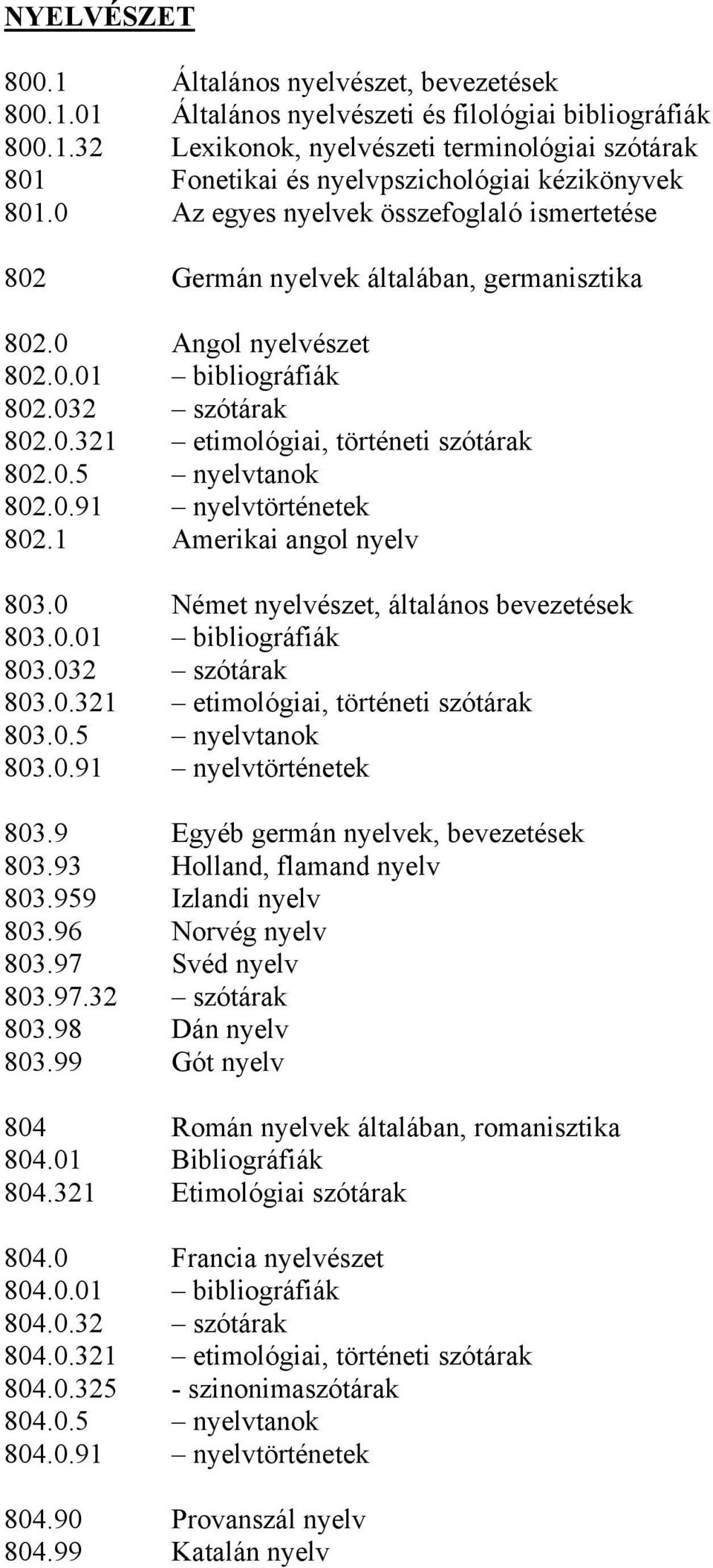 0.91 nyelvtörténetek 802.1 Amerikai angol nyelv 803.0 Német nyelvészet, általános bevezetések 803.0.01 bibliográfiák 803.032 szótárak 803.0.321 etimológiai, történeti szótárak 803.0.5 nyelvtanok 803.