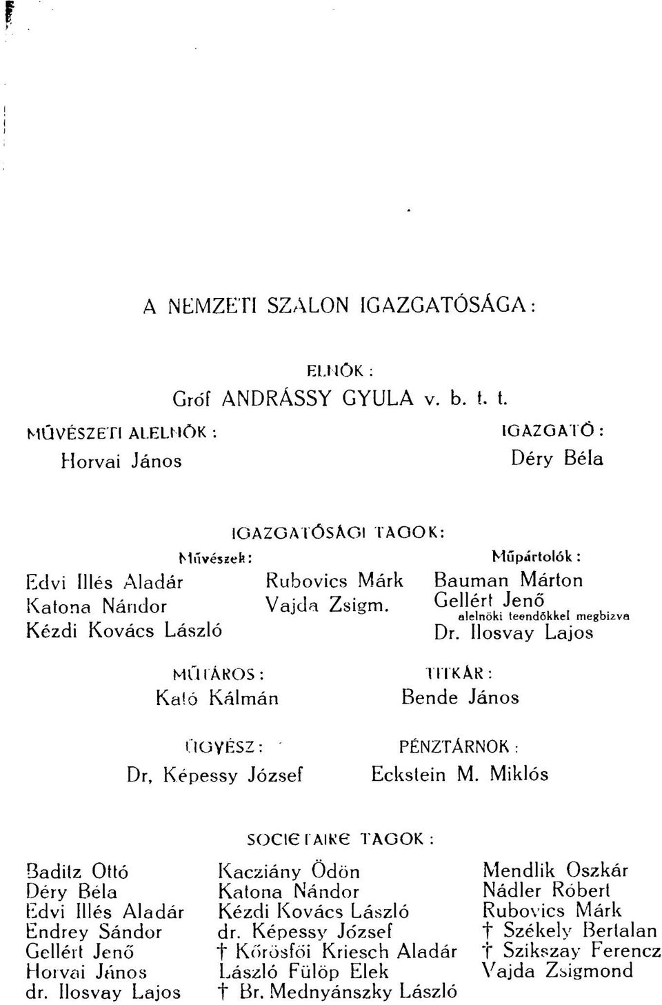 Gellért Jenő alelnöki teendőkkel megbízva Kézdi Kovács László Dr. Ilosvay Lajos MŰ (ÁKOS: Ka!ó Kálmán TITKÁR: Bende János ÜGYÉSZ: PÉNZTÁRNOK : Dr, Képessy József Eckstein M.