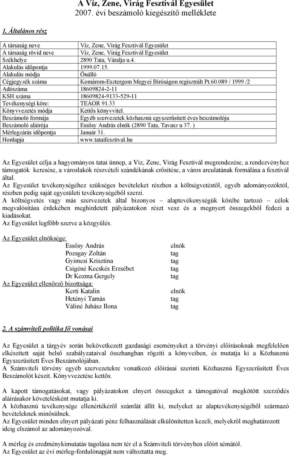 Alakulás módja Önálló Cégjegyzék száma Komárom-Esztergom Megyei Bíróságon regisztrált Pt.6.89 / 1999 /2 Adószáma 1869824-2-11 KSH száma 1869824-9133-529-11 Tevékenységi köre: TEÁOR 91.
