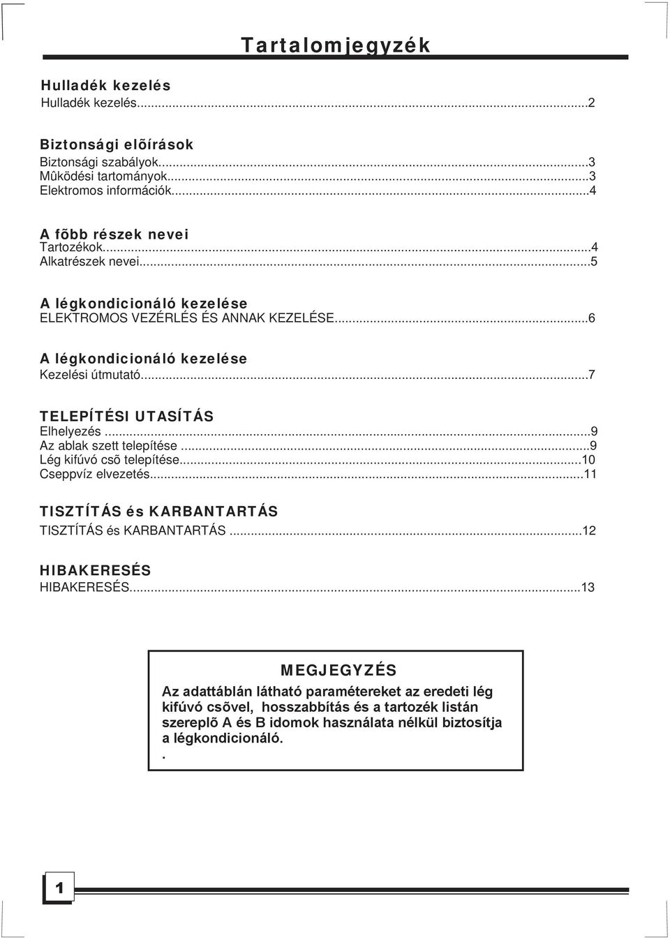 Elhelyezés 9 Az ablak szett telepítése 9 Lég kifúvó csõ telepítése10 Cseppvíz elvezetés11 TISZTÍTÁS és KARBANTARTÁS TISZTÍTÁS és KARBANTARTÁS 12 HIBAKERESÉS