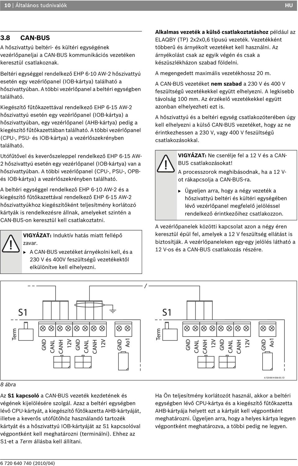 Kiegészítő fűtőkazettával rendelkező EHP 6-15 AW-2 hőszivattyú esetén egy vezérlőpanel (IOB-kártya) a hőszivattyúban, egy vezérlőpanel (AHB-kártya) pedig a kiegészítő fűtőkazettában található.