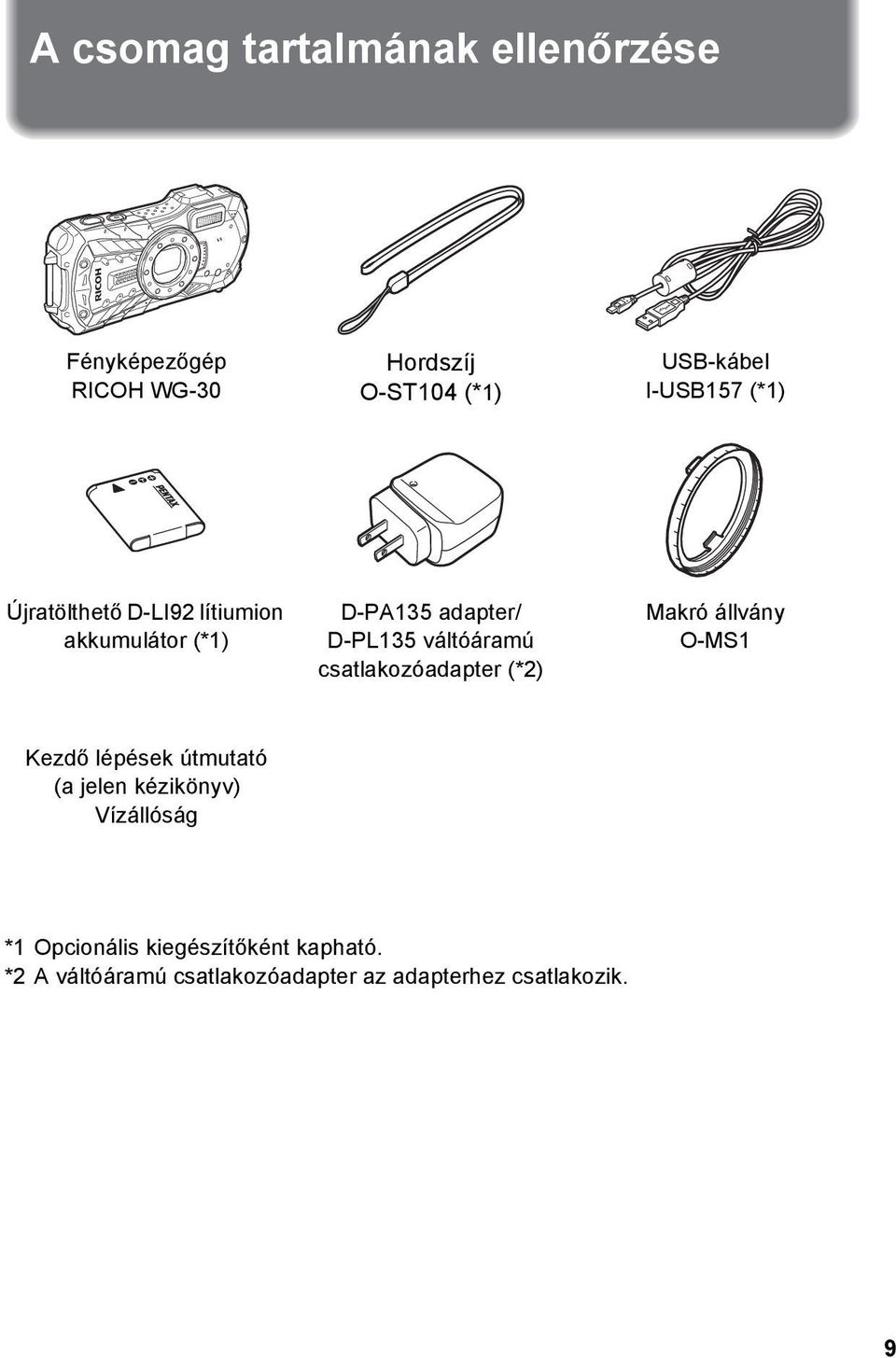 csatlakozóadapter (*2) Makró állvány O-MS1 Kezdő lépések útmutató (a jelen kézikönyv) Vízállóság