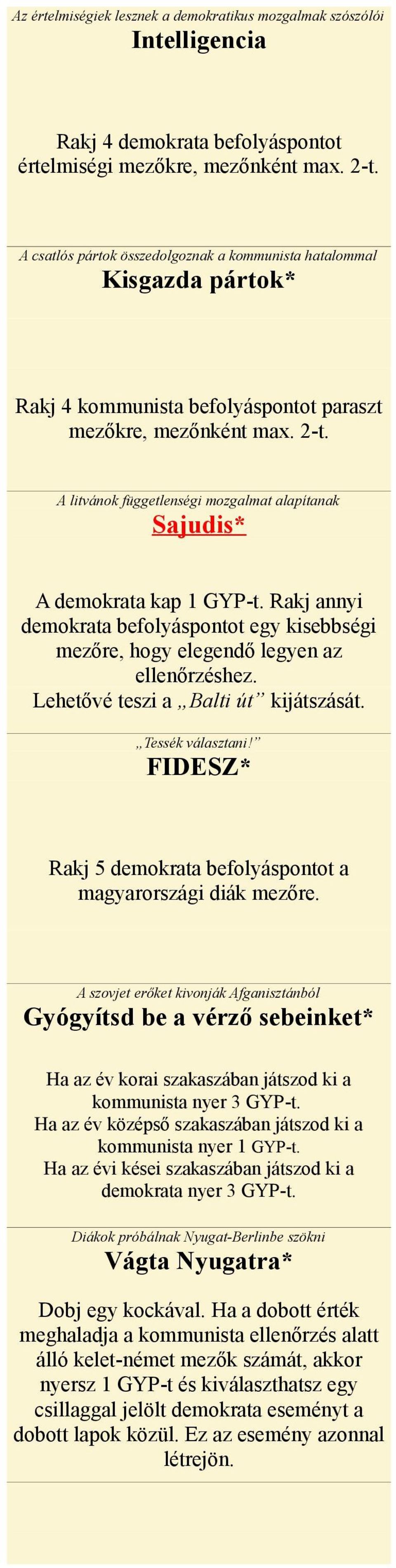 A litvánok függetlenségi mozgalmat alapítanak Sajudis* A demokrata kap 1 GYP-t. Rakj annyi demokrata befolyáspontot egy kisebbségi mezőre, hogy elegendő legyen az ellenőrzéshez.