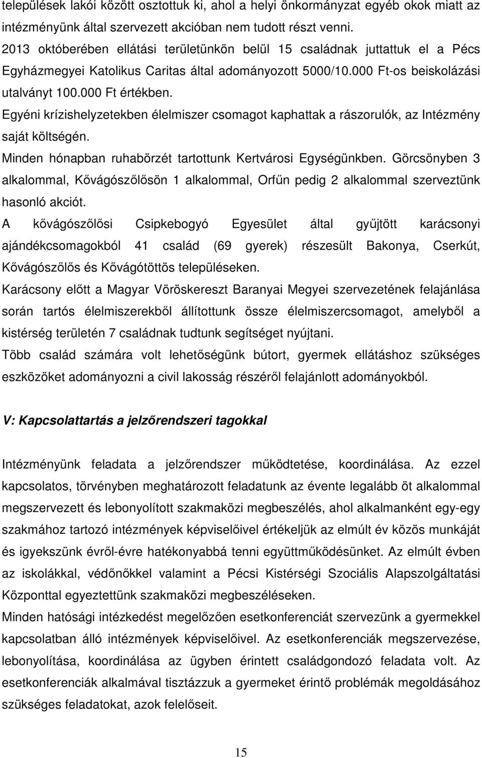Egyéni krízishelyzetekben élelmiszer csomagot kaphattak a rászorulók, az Intézmény saját költségén. Minden hónapban ruhabörzét tartottunk Kertvárosi Egységünkben.