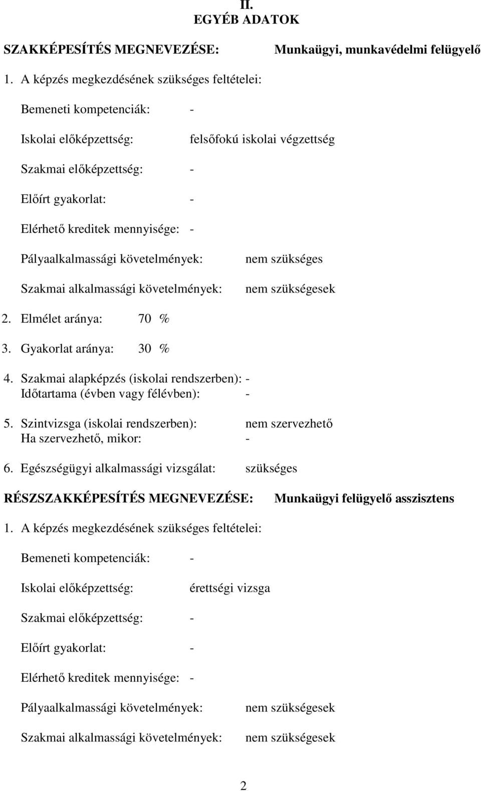 Pályaalkalmassági követelmények: Szakmai alkalmassági követelmények: nem szükséges nem szükségesek 2. Elmélet aránya: 70 % 3. Gyakorlat aránya: 30 % 4.