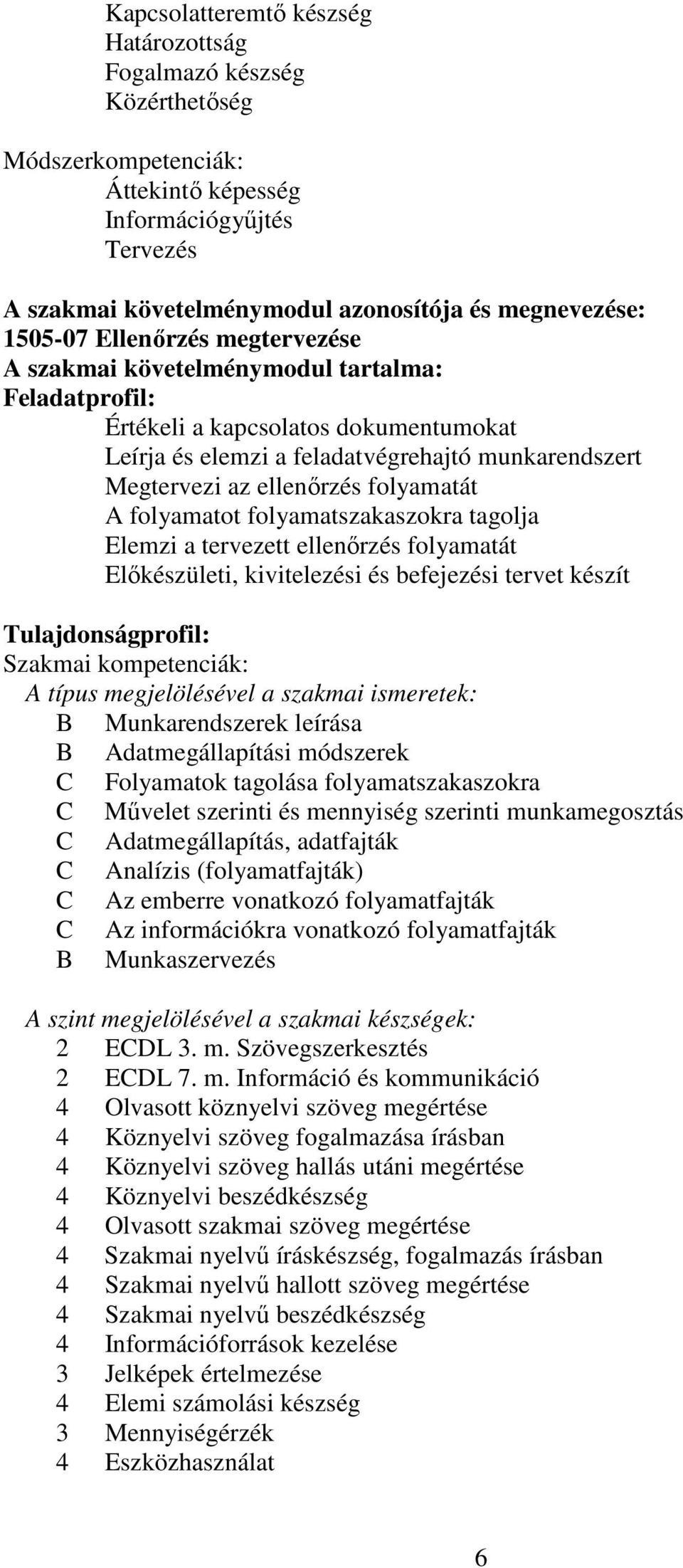 folyamatát A folyamatot folyamatszakaszokra tagolja Elemzi a tervezett ellenőrzés folyamatát Előkészületi, kivitelezési és befejezési tervet készít Tulajdonságprofil: Szakmai kompetenciák: A típus