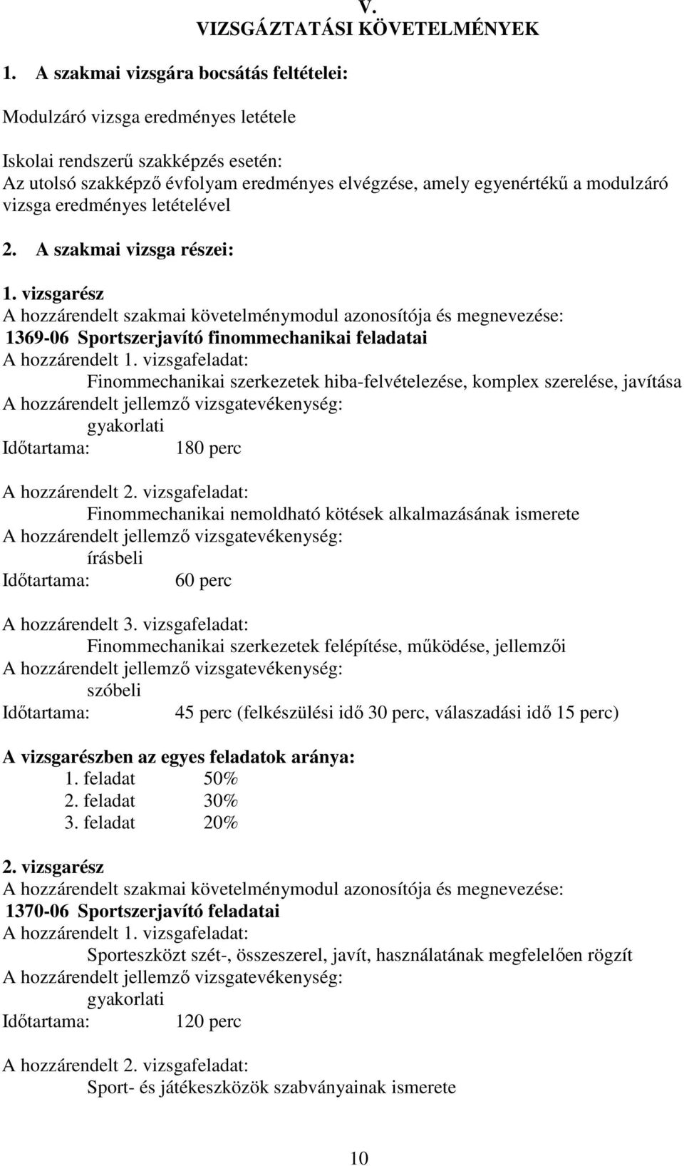 A szakmai vizsga részei: 1. vizsgarész A hozzárendelt szakmai követelménymodul azonosítója és megnevezése: 1369-06 Sportszerjavító finommechanikai feladatai A hozzárendelt 1.