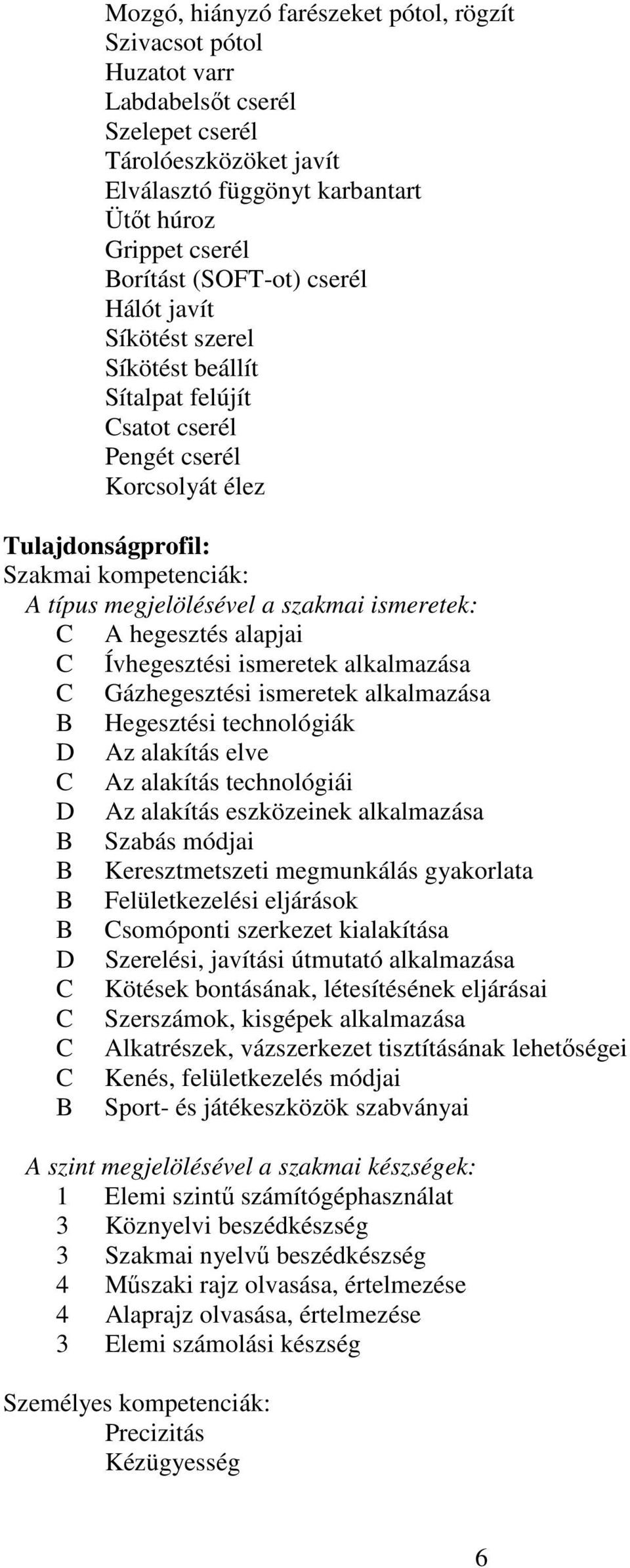 ismeretek: A hegesztés alapjai Ívhegesztési ismeretek alkalmazása Gázhegesztési ismeretek alkalmazása B Hegesztési technológiák D Az alakítás elve Az alakítás technológiái D Az alakítás eszközeinek