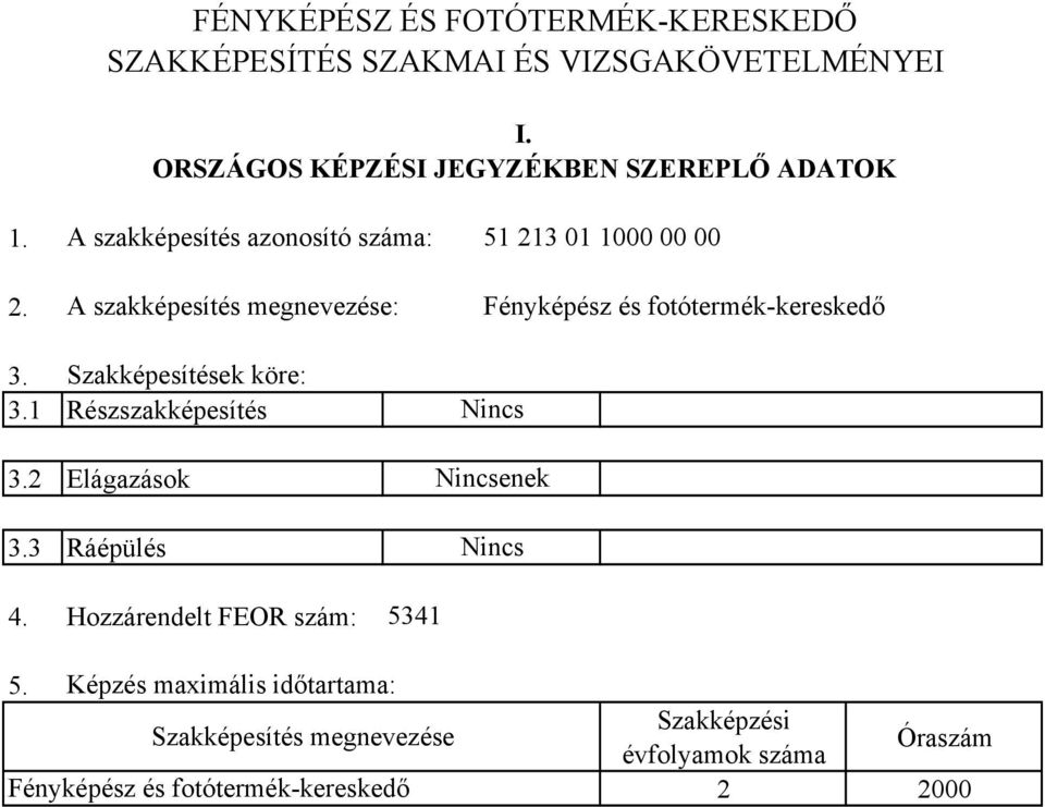 3.1 Szakképesítések köre: Részszakképesítés 3.2 Elágazások 3.3 Ráépülés 4. Hozzárendelt FEOR szám: Nincs Nincsenek Nincs 5341 5.