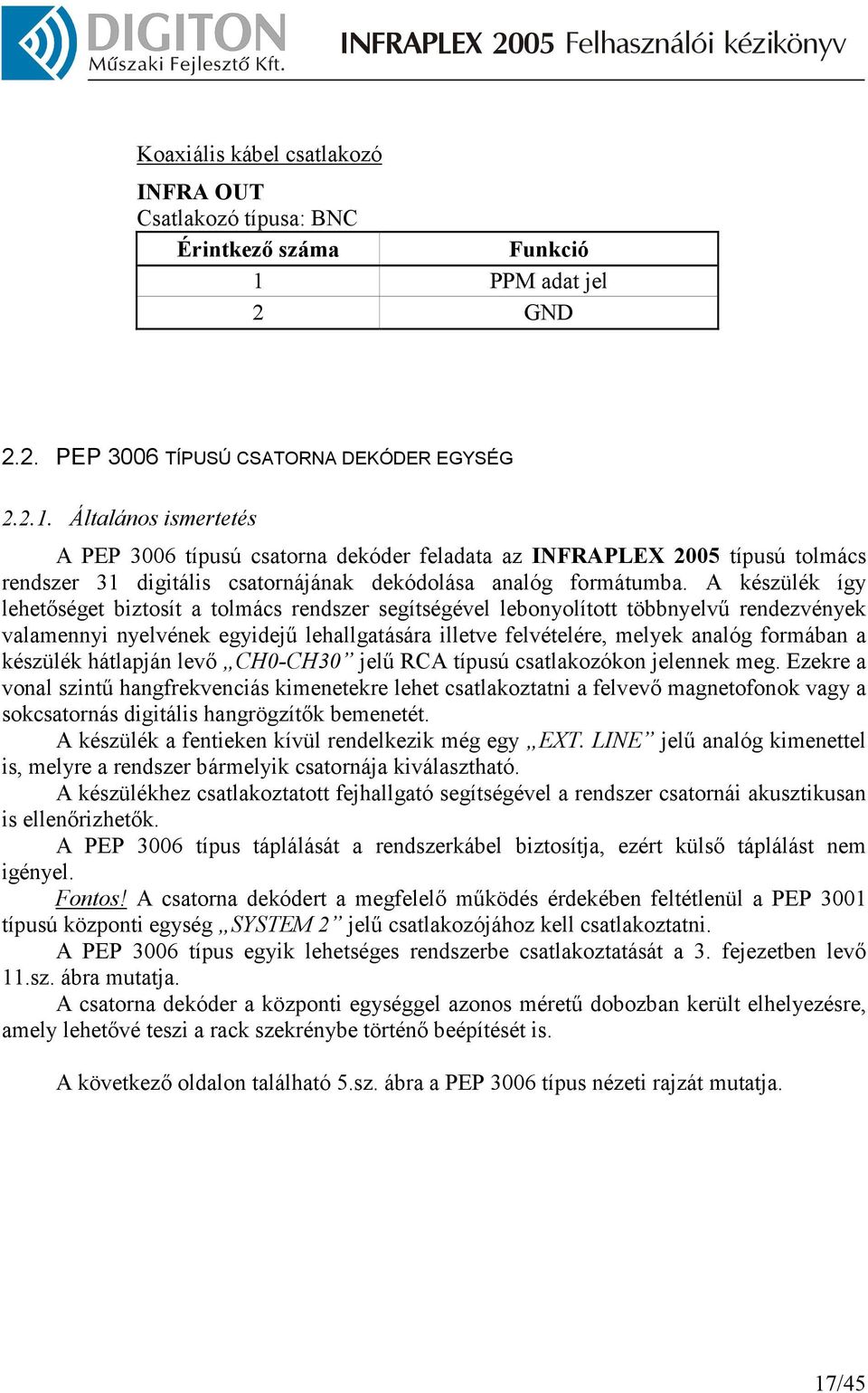 Általános ismertetés A PEP 3006 típusú csatorna dekóder feladata az INFRAPLEX 2005 típusú tolmács rendszer 31 digitális csatornájának dekódolása analóg formátumba.