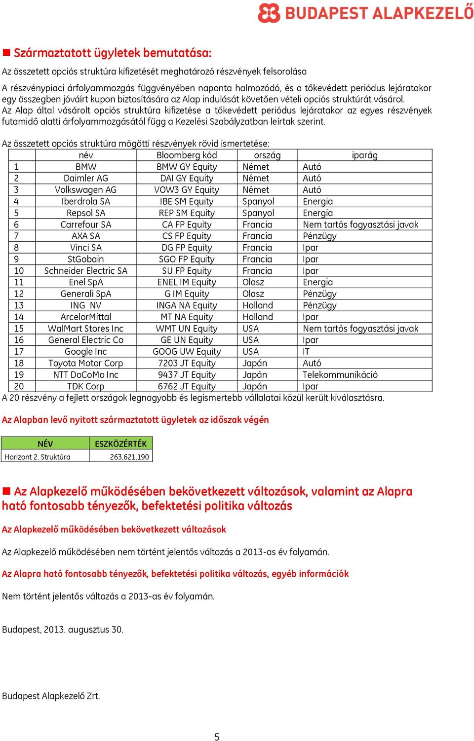 Az Alap által vásárolt opciós struktúra kifizetése a tőkevédett periódus lejáratakor az egyes részvények futamidő alatti árfolyammozgásától függ a Kezelési Szabályzatban leírtak szerint.