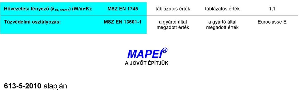 MSZ EN 13501-1 a gyártó által megadott érték a gyártó által