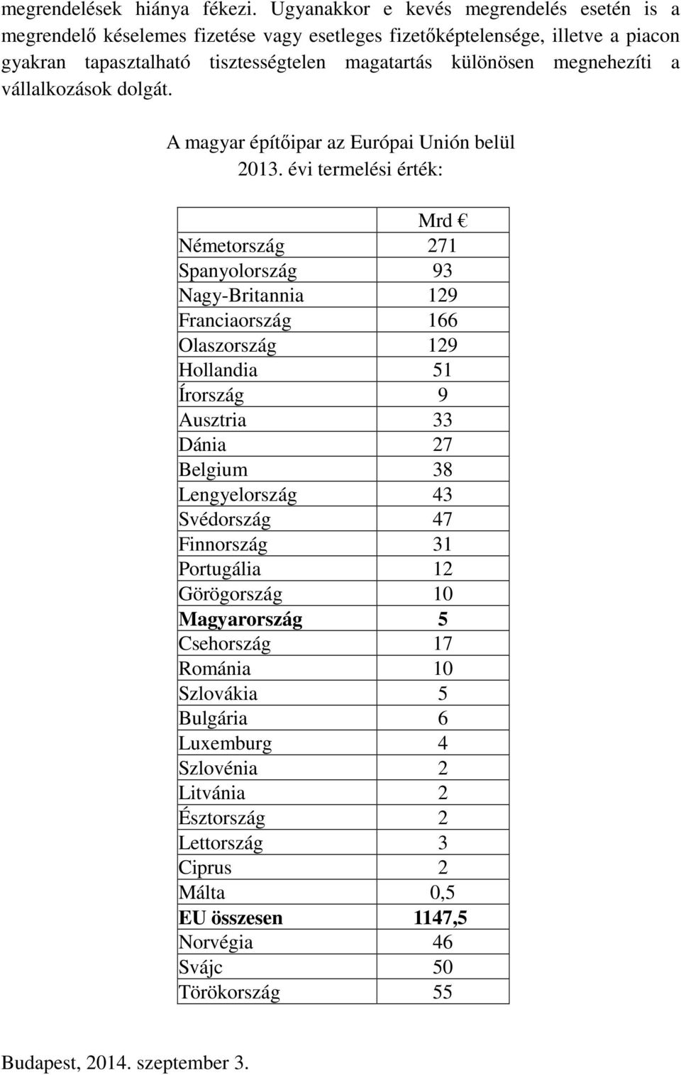 megnehezíti a vállalkozások dolgát. A magyar építőipar az Európai Unión belül 2013.