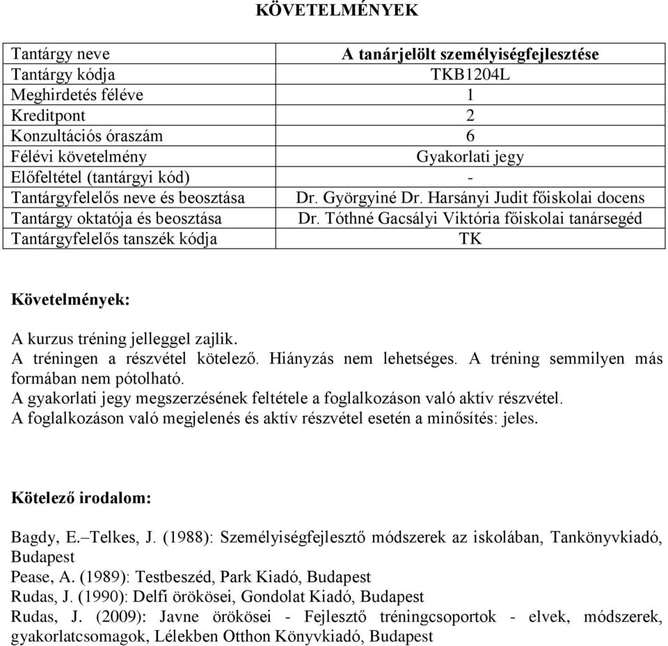 A foglalkozáson való megjelenés és aktív részvétel esetén a minősítés: jeles. Bagdy, E. Telkes, J. (1988): Személyiségfejlesztő módszerek az iskolában, Tankönyvkiadó, Budapest Pease, A.