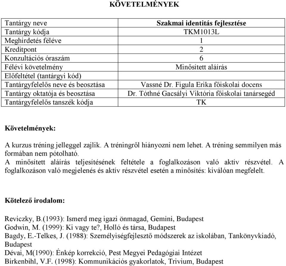 A minősített aláírás teljesítésének feltétele a foglalkozáson való aktív részvétel. A foglalkozáson való megjelenés és aktív részvétel esetén a minősítés: kiválóan megfelelt. Reviczky, B.