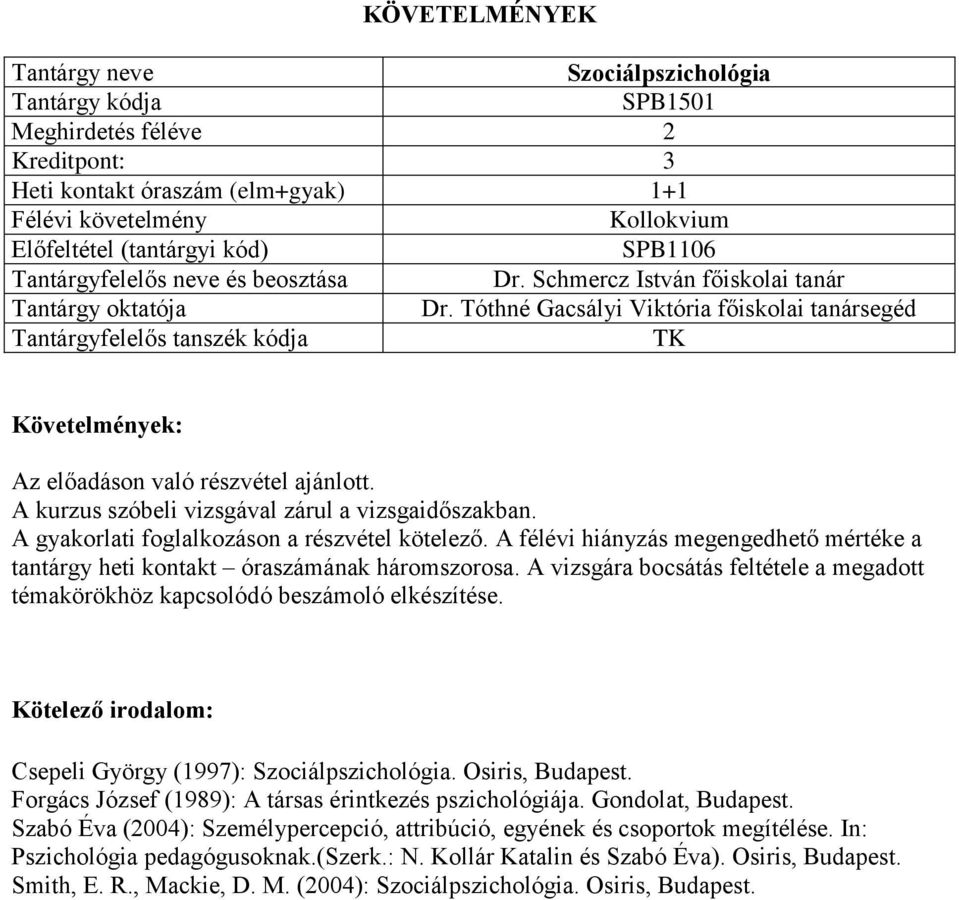 A félévi hiányzás megengedhető mértéke a tantárgy heti kontakt óraszámának háromszorosa. A vizsgára bocsátás feltétele a megadott témakörökhöz kapcsolódó beszámoló elkészítése.