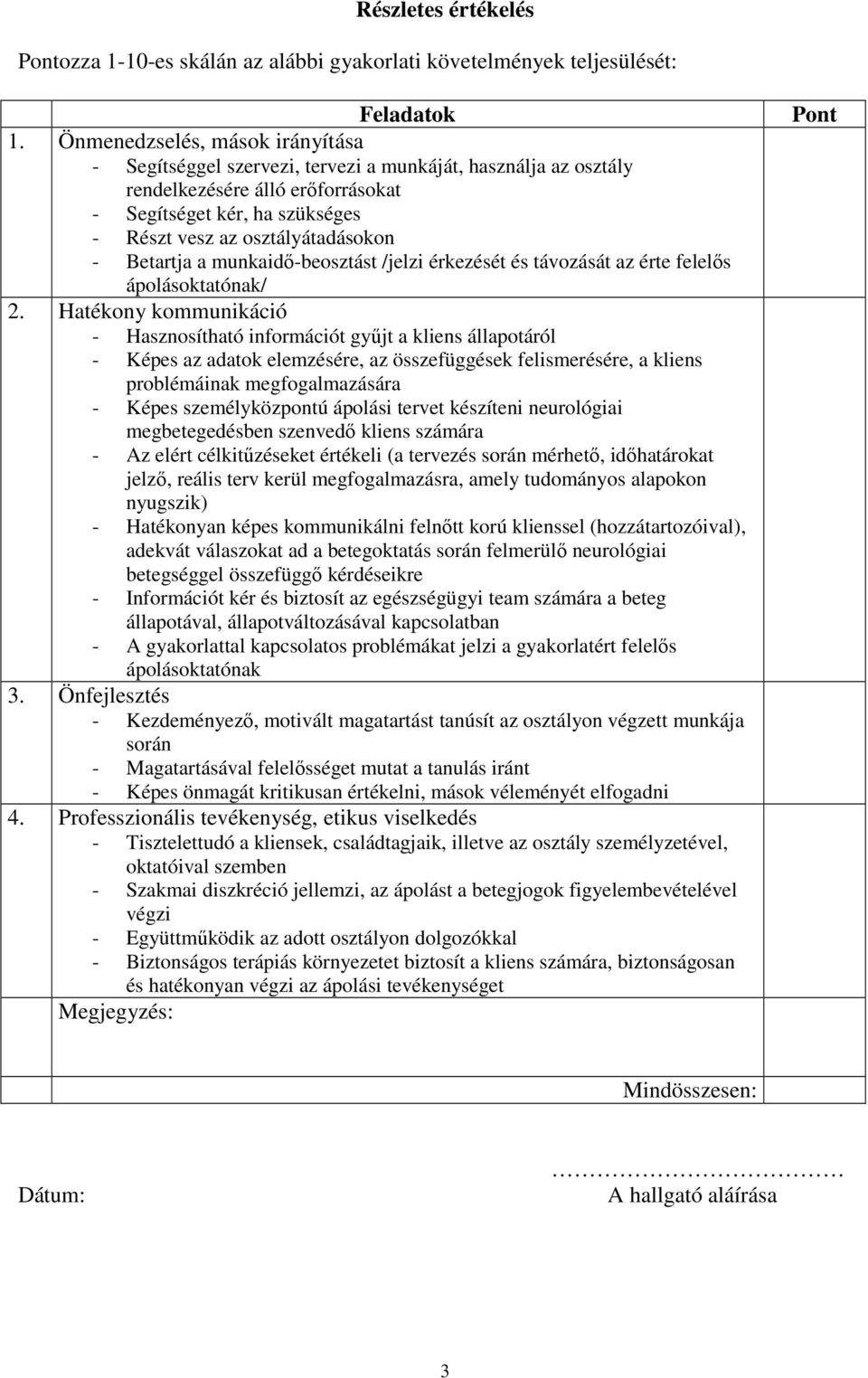 Betartja a munkaidı-beosztást /jelzi érkezését és távozását az érte felelıs ápolásoktatónak/ 2.
