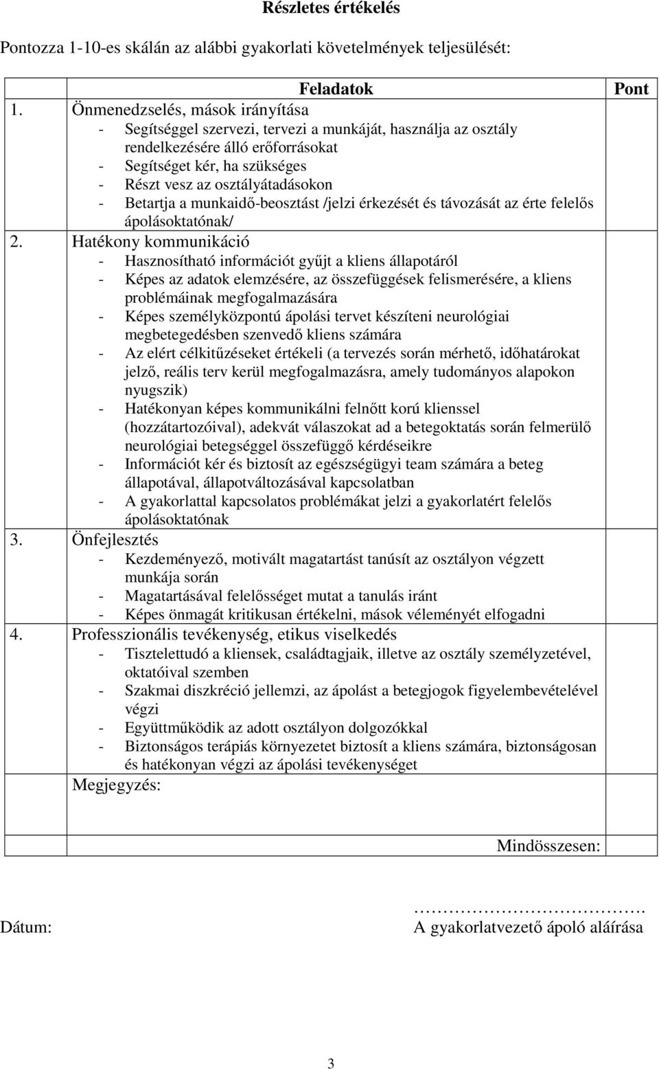 Betartja a munkaidı-beosztást /jelzi érkezését és távozását az érte felelıs ápolásoktatónak/ 2.