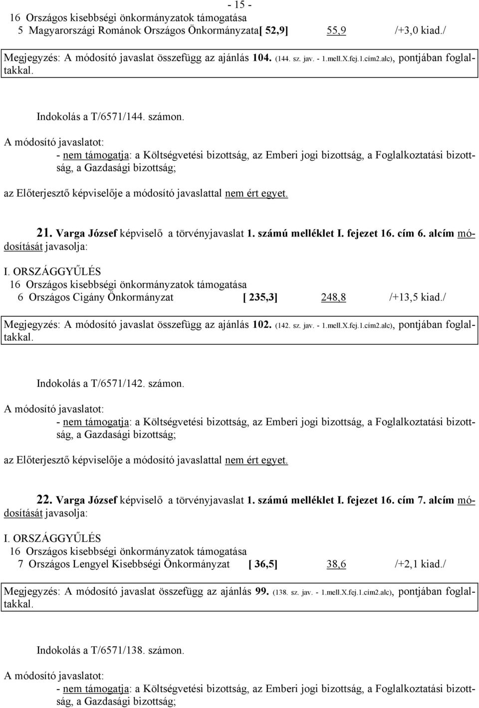 Varga József képviselő a törvényjavaslat 1. számú melléklet I. fejezet 16. cím 6. alcím módosítását javasolja: I.