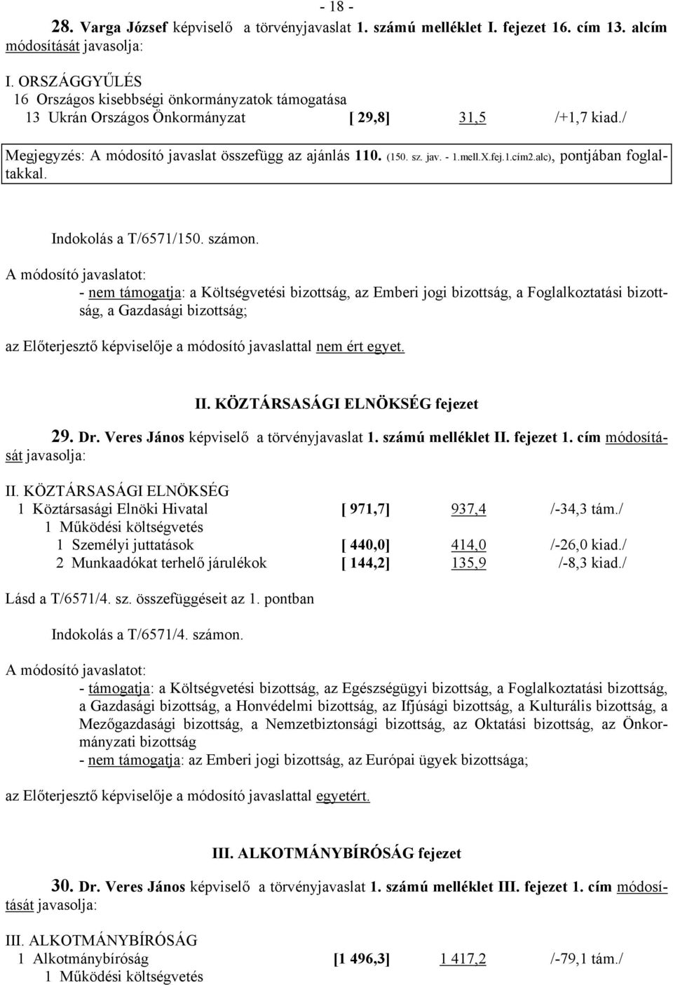 mell.X.fej.1.cím2.alc), pontjában foglaltakkal. Indokolás a T/6571/150. számon. - nem támogatja: a Költségvetési, az Emberi jogi, a Foglalkoztatási, a Gazdasági ; II. KÖZTÁRSASÁGI ELNÖKSÉG fejezet 29.