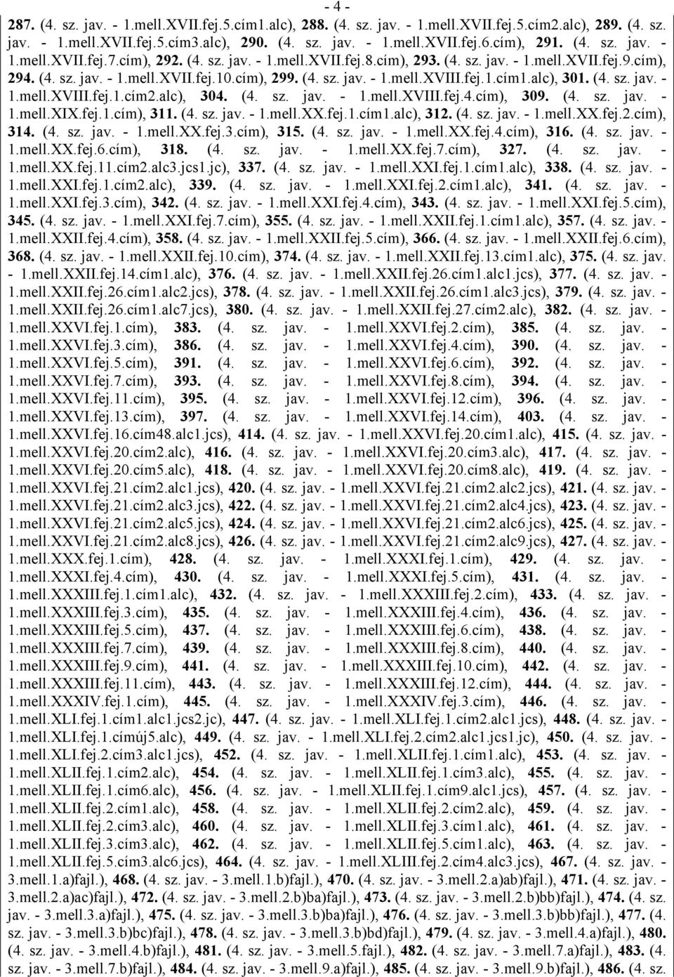 fej.1.cím1.alc), 301. (4. sz. jav. - 1.mell.XVIII.fej.1.cím2.alc), 304. (4. sz. jav. - 1.mell.XVIII.fej.4.cím), 309. (4. sz. jav. - 1.mell.XIX.fej.1.cím), 311. (4. sz. jav. - 1.mell.XX.fej.1.cím1.alc), 312.