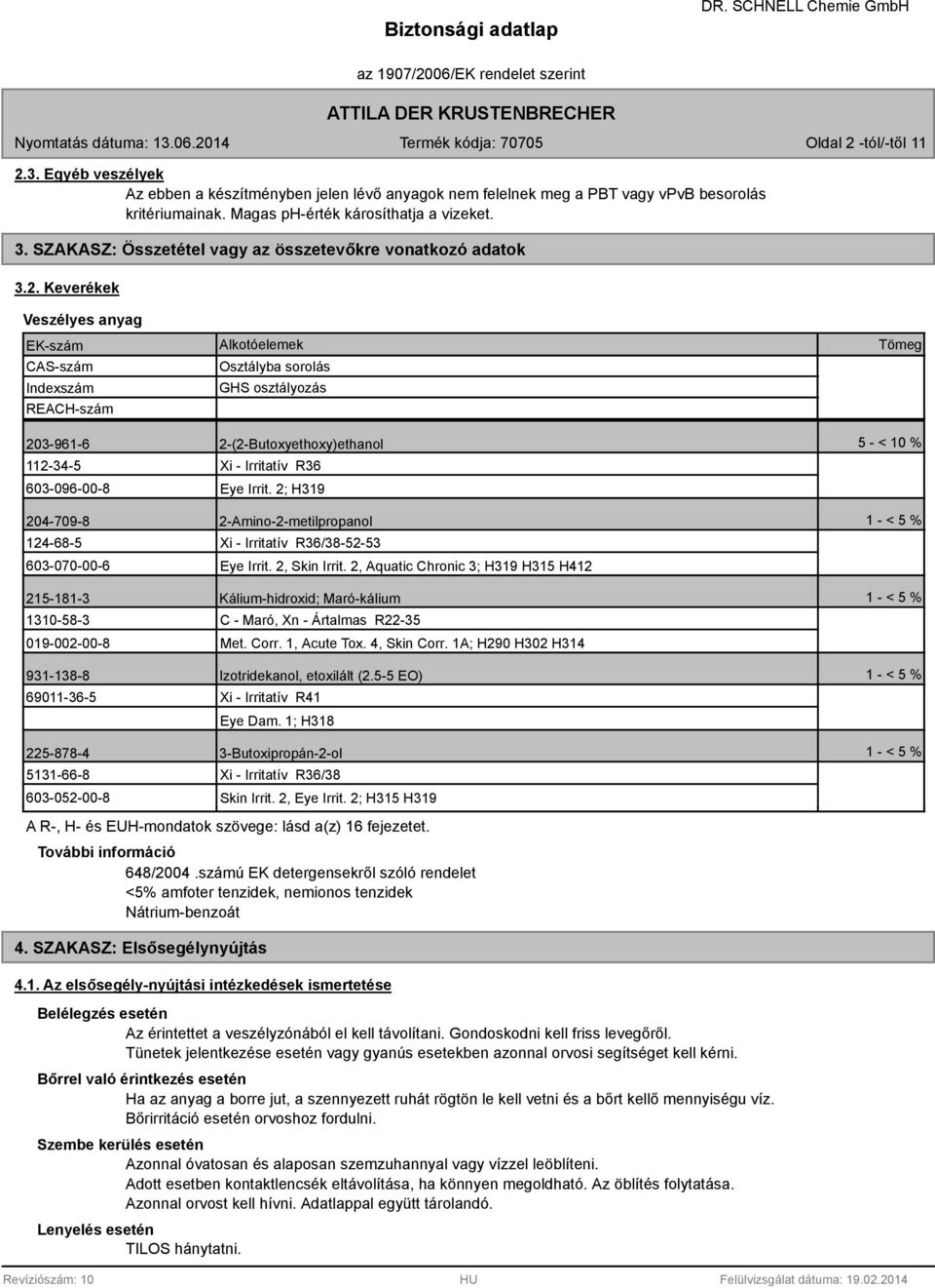 Keverékek Veszélyes anyag EK-szám CAS-szám Indexszám REACH-szám Alkotóelemek Osztályba sorolás GHS osztályozás Tömeg 203-961-6 2-(2-Butoxyethoxy)ethanol 5 - < 10 % 112-34-5 603-096-00- Xi - Irritatív
