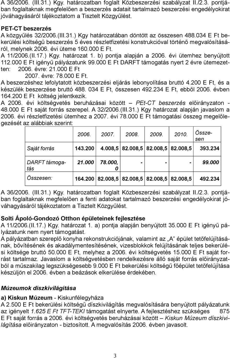 034 E Ft bekerülési költségű beszerzés 5 éves részletfizetési konstrukcióval történő megvalósításáról, melynek 2006. évi üteme 160.000 E Ft. A 11/2006.(II.17.) Kgy. határozat 1.