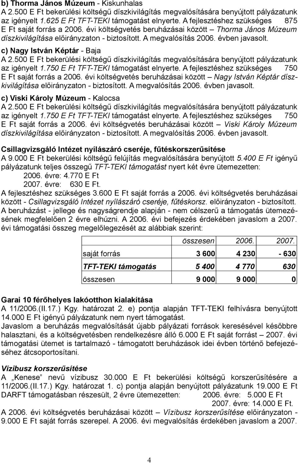 750 E Ft TFT-TEKI támogatást elnyerte. A fejlesztéshez szükséges 750 E Ft saját forrás a 2006. évi költségvetés beruházásai között Nagy István Képtár díszkivilágítása előirányzaton - biztosított.