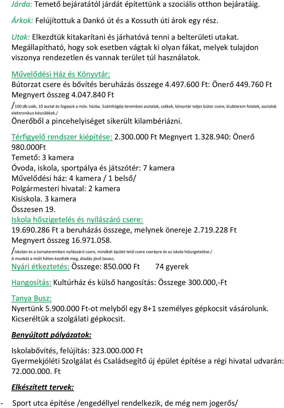 Művelődési Ház és Könyvtár: Bútorzat csere és bővítés beruházás összege 4.497.600 Ft: Önerő 449.760 Ft Megnyert összeg 4.047.840 Ft /100 db szék, 10 asztal és fogasok a műv. házba.