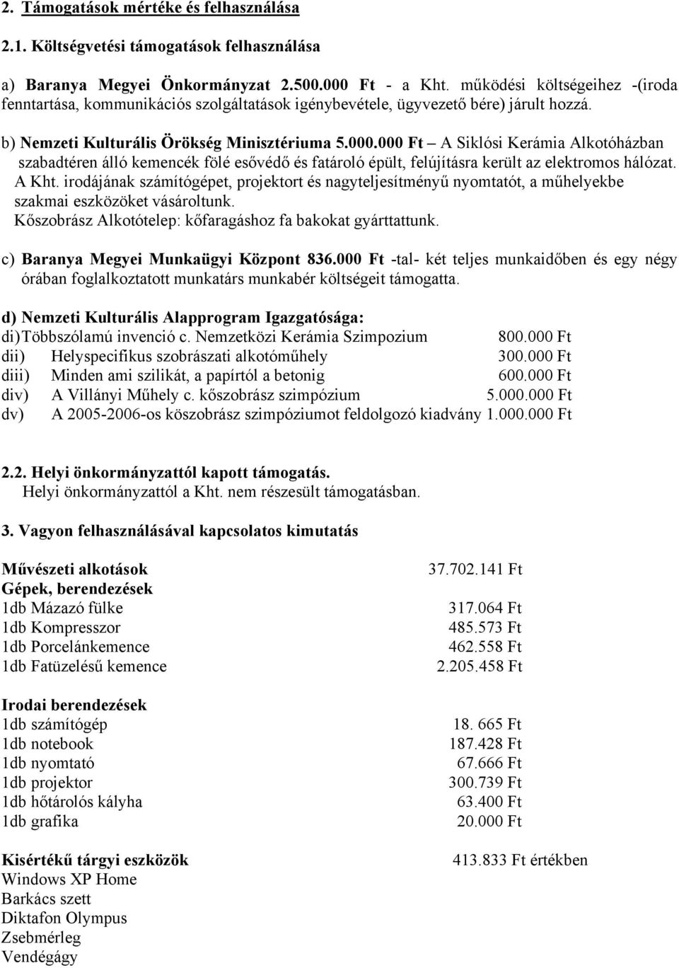 000 Ft A Siklósi Kerámia Alkotóházban szabadtéren álló kemencék fölé esővédő és fatároló épült, felújításra került az elektromos hálózat. A Kht.