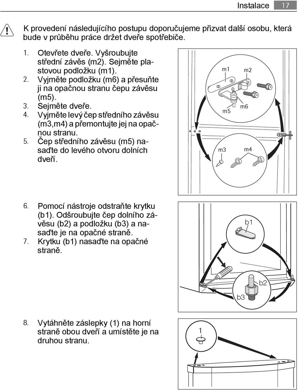 Vyjměte levý čep středního závěsu (m3,m4) a přemontujte jej na opačnou stranu. 5. Čep středního závěsu (m5) nasaďte do levého otvoru dolních dveří. m1 m3 m5 m2 m6 m4 6.