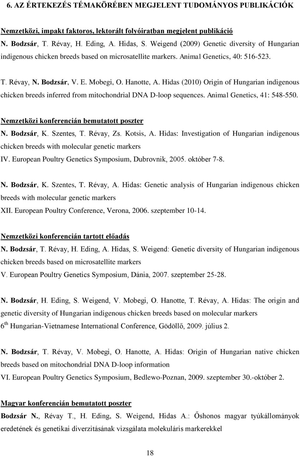 Hidas (2010) Origin of Hungarian indigenous chicken breeds inferred from mitochondrial DNA D-loop sequences. Animal Genetics, 41: 548-550. Nemzetközi konferencián bemutatott poszter N. Bodzsár, K.