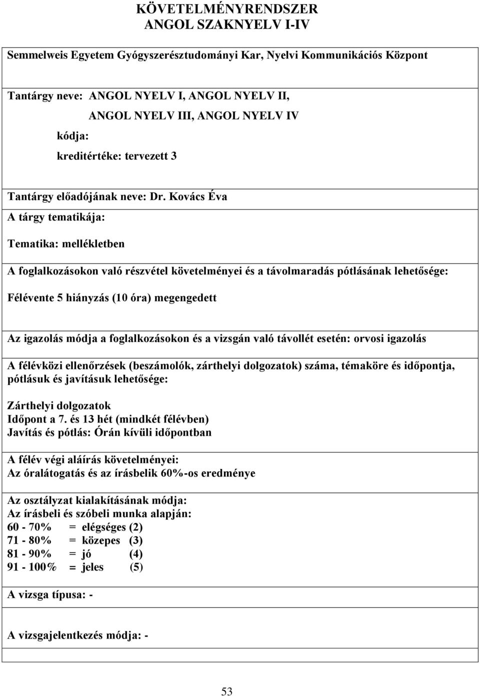 Kovács Éva A tárgy tematikája: Tematika: mellékletben A foglalkozásokon való részvétel követelményei és a távolmaradás pótlásának lehetősége: Félévente 5 hiányzás (10 óra) megengedett Az igazolás