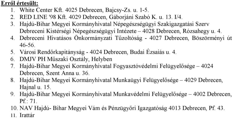 28 Debrecen, Rózsahegy u. 4. 4. Debreceni Hivatásos Önkormányzati Tűzoltóság - 4027 Debrecen, Böszörményi út 46-56. 5. Városi Rendőrkapitányság - 4024 Debrecen, Budai Ézsaiás u. 4. 6.