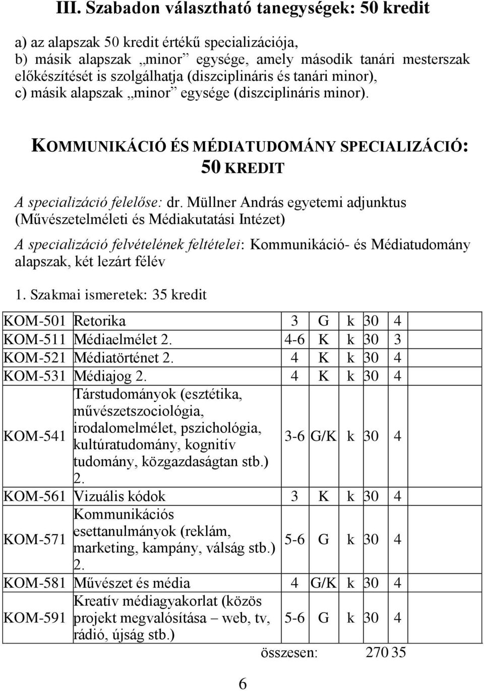 Müllner András egyetemi adjunktus (Művészetelméleti és Médiakutatási Intézet) A specializáció felvételének feltételei: Kommunikáció- és Médiatudomány alapszak, két lezárt félév 1.