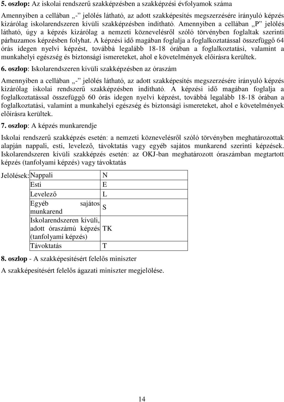 A képzési idő magában foglalja a foglalkoztatással összefüggő 64 órás idegen nyelvi képzést, továbbá legalább 18-18 órában a foglalkoztatási, valamint a munkahelyi egészség és biztonsági ismereteket,