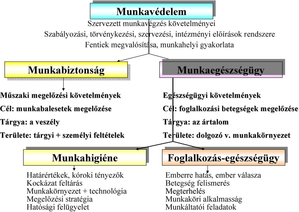 tényezők Kockázat feltárás Munkakörnyezet + technológia Megelőzési stratégia Hatósági felügyelet Munkaegészségügy Egészségügyi követelmények Cél: foglalkozási betegségek