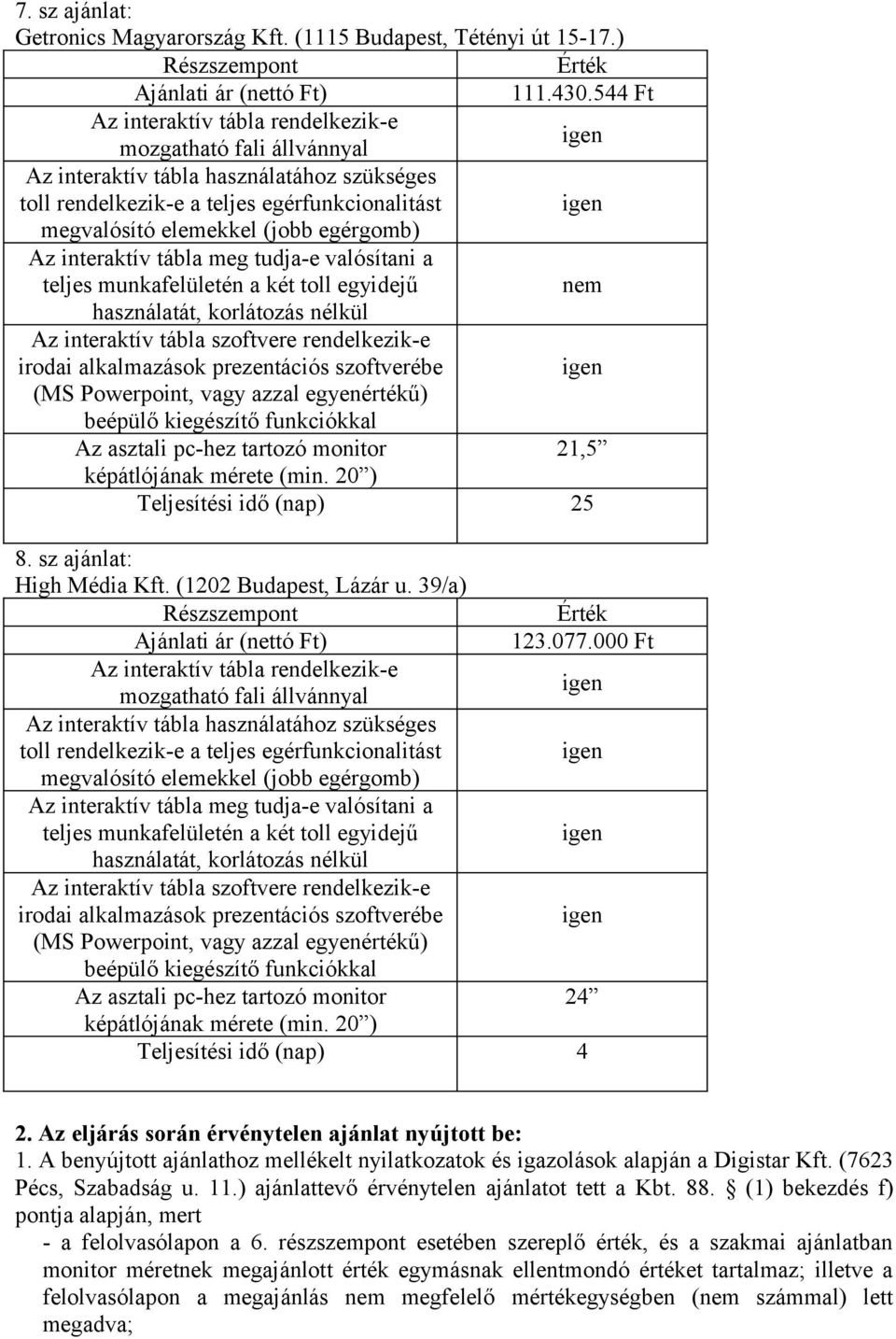 A benyújtott ajánlathoz mellékelt nyilatkozatok és igazolások alapján a Digistar Kft. (7623 Pécs, Szabadság u. 11.) ajánlattevő érvénytelen ajánlatot tett a Kbt. 88.