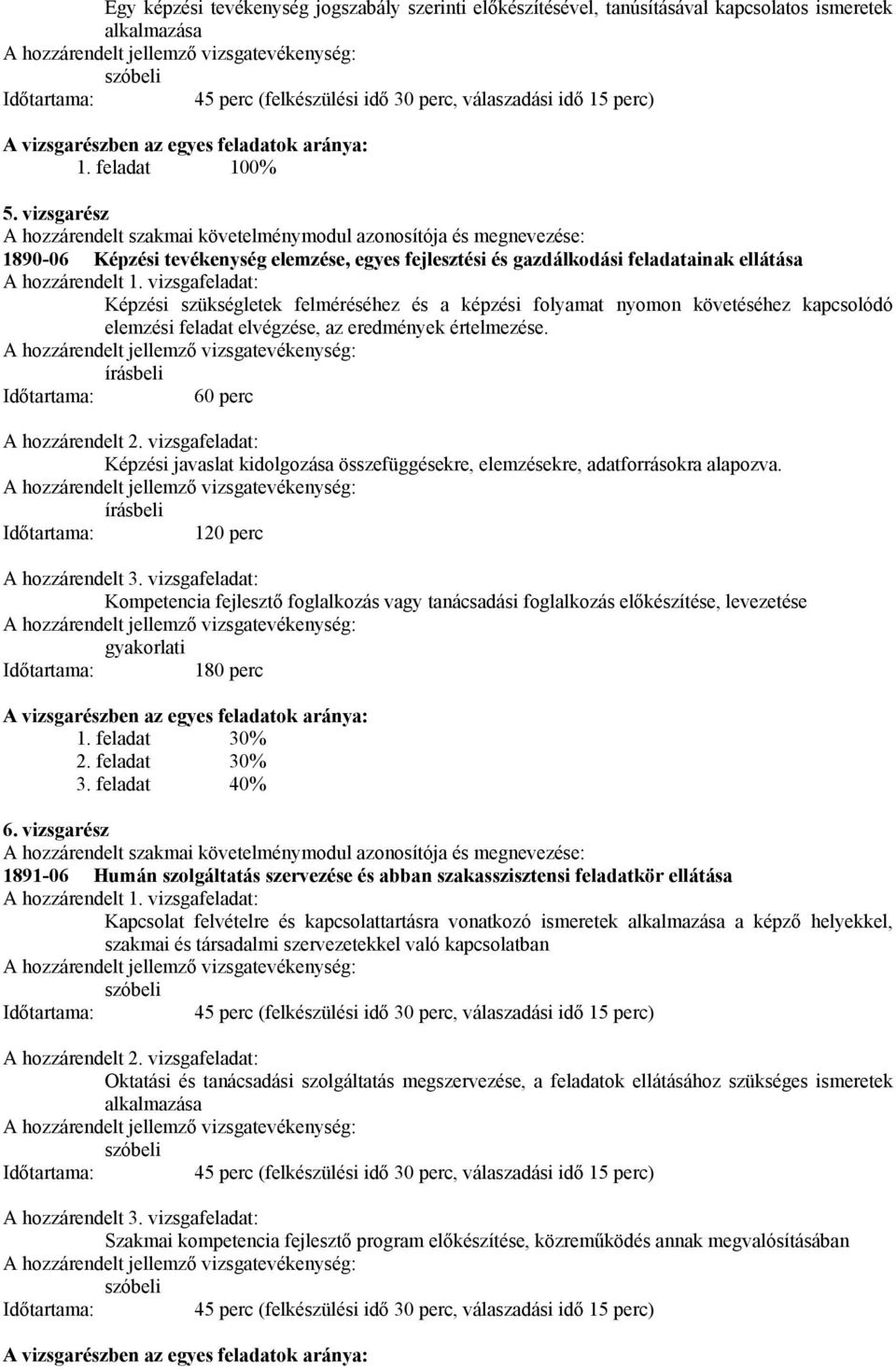 vizsgarész hozzárendelt szakmai követelménymodul azonosítója és megnevezése: 1890-06 Képzési tevékenység elemzése, egyes fejlesztési és gazdálkodási feladatainak ellátása hozzárendelt 1.