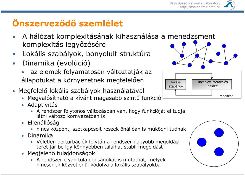 hogy funkcióját el tudja látni változó környezetben is Ellenállóság nincs központ, szétkapcsolt részek önállóan is mőködni tudnak Dinamika Véletlen perturbációk folytán a rendszer nagyobb megoldási