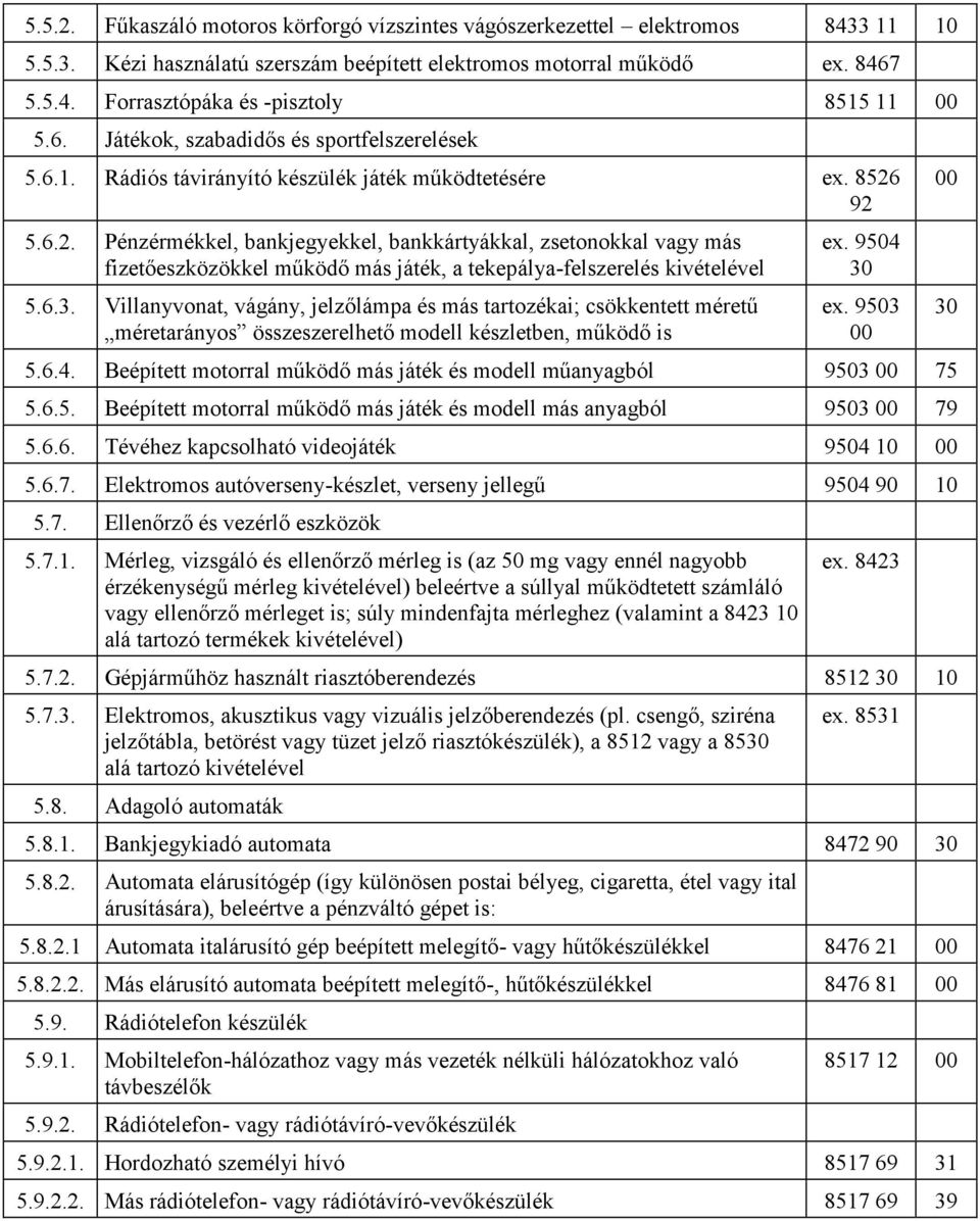 92 5.6.2. Pénzérmékkel, bankjegyekkel, bankkártyákkal, zsetonokkal vagy más fizetőeszközökkel működő más játék, a tekepálya-felszerelés kivételével 5.6.3.