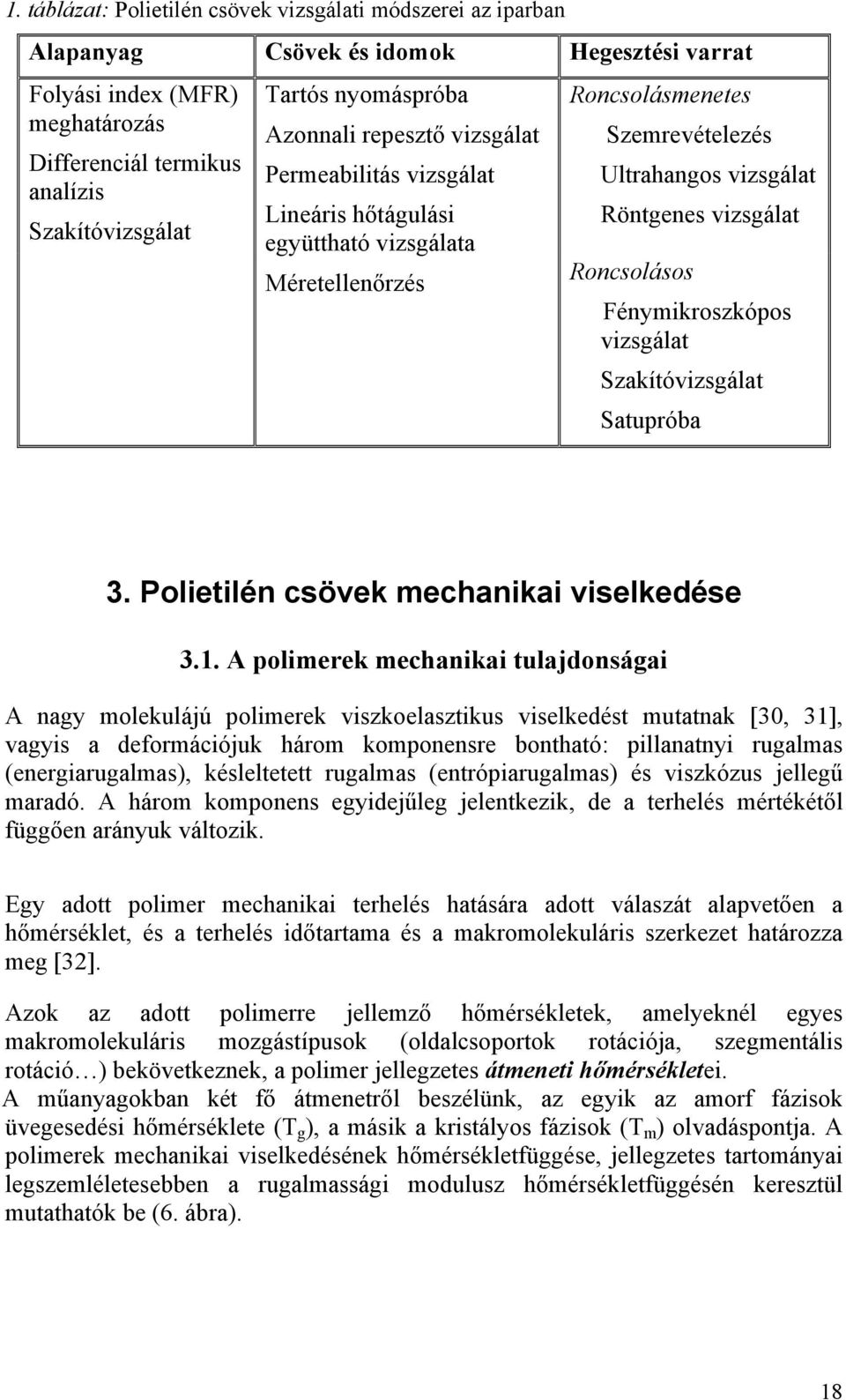 Roncsolásos Fénymikroszkópos vizsgálat Szakítóvizsgálat Satupróba 3. Polietilén csövek mechanikai viselkedése 3.1.