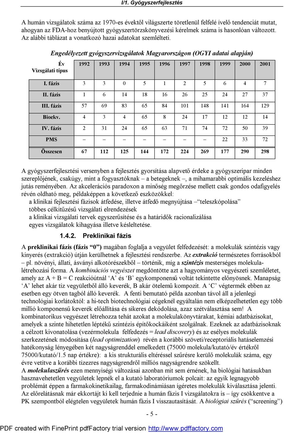 Engedélyezett gyógyszervizsgálatok Magyarországon (OGYI adatai alapján) Év Vizsgálati típus 1992 1993 1994 1995 1996 1997 1998 1999 2000 2001 I. fázis 3 3 0 5 1 2 5 6 4 7 II.