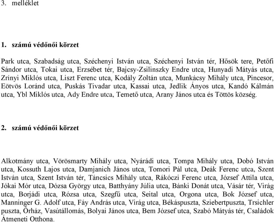 utca, Zrínyi Miklós utca, Liszt Ferenc utca, Kodály Zoltán utca, Munkácsy Mihály utca, Pincesor, Eötvös Loránd utca, Puskás Tivadar utca, Kassai utca, Jedlik Ányos utca, Kandó Kálmán utca, Ybl Miklós